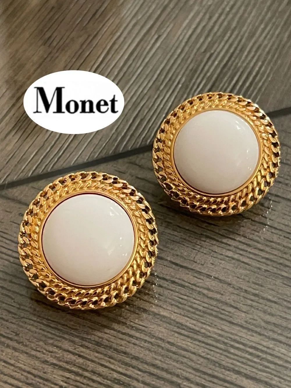 Vintage Monet White Round Gold-tone Framed Button Earrings